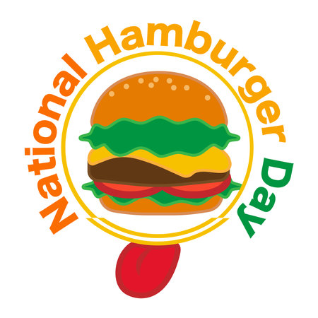 Cartoon cheese big burger icon and sticker. Burger with lettuce, tomato, cheese and hamburg steak. National Hamburger Day vector, illustrationのイラスト素材