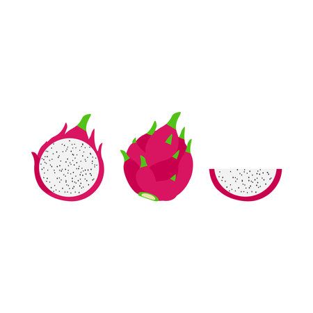 Cartoon whole and sliced white dragon fruit pitaya. Isolated on white background, flat design, EPS10 vectorのイラスト素材