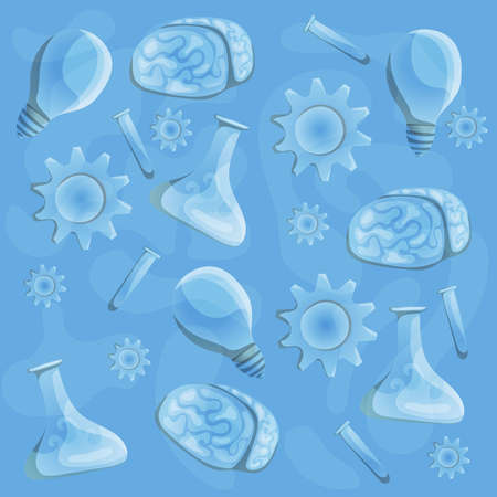 Seamless pattern of abstract inventions and science with brains, lamps, gears, flasks, bulbs.のイラスト素材