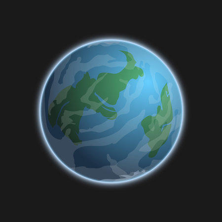 Vector illustration of an earth-like planet in a dark galaxy with continents and clouds.