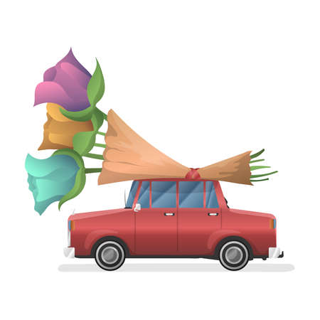 Romantic illustration of a retro car with a bouquet of flowers on the roof. Congratulations on international women's day and valentine's day.のイラスト素材