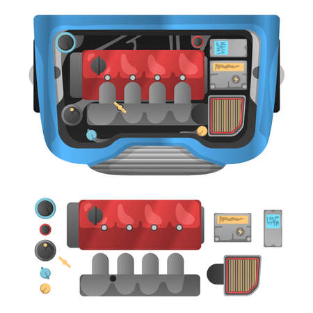 Illustration of the engine compartment of a car. Basic elements of a car engine. Mechanics and transmission of a car.のイラスト素材