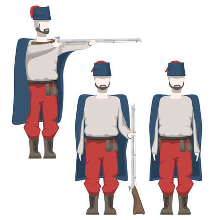 Illustration of a 19th century soldier in uniform with equipment and a musket in various poses.のイラスト素材