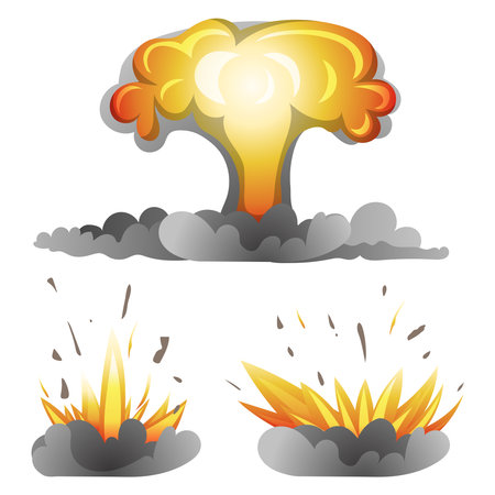 Set of isolated cartoon illustrations of explosions, nuclear bomb explosion, missiles.