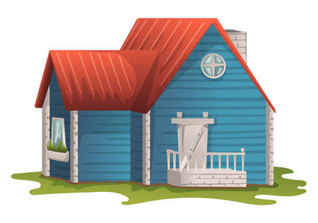 Illustration of an urban blue wooden small house with red roof and chimney.のイラスト素材