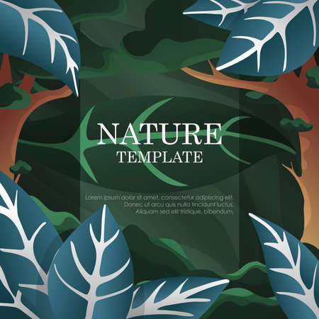 Vector illustration of a colorful floral template for text. Nature, macro leaves, trees in a tropical forest with colorful leaves.のイラスト素材