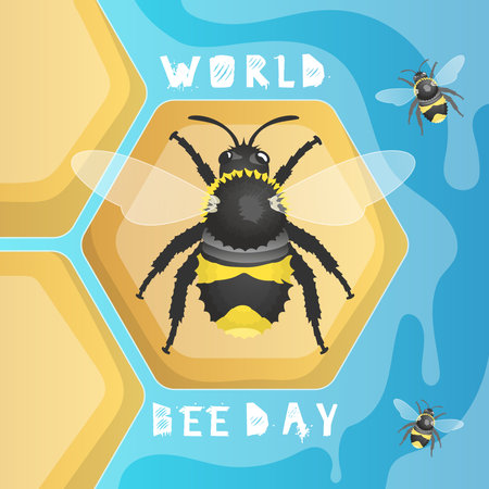 Illustration template for congratulations on International Bee Day. Realistic cartoon bees on the background of honeycombs and flowing honey.のイラスト素材