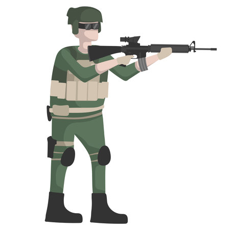 Vector isolated illustration of a modern soldier in combat uniform and body armor with M16A4 assault...