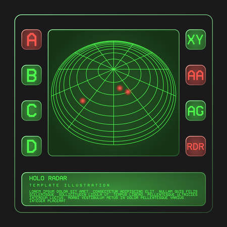 Vector illustration of a fictitious retro futuristic holographic radar interface. Modern retro design template with text and buttons.のイラスト素材