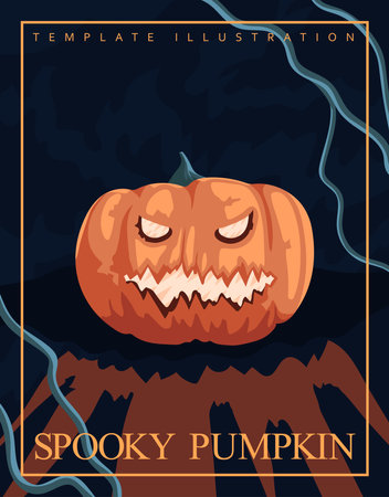 Vector illustration of a Halloween pumpkin Jack o lantern with a creepy carved face and a vine on a solid background. Modern design template with text on the theme of the holiday.のイラスト素材