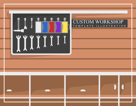 Vector illustration of custom workshop, craft shop with workbench and shelves for tools. Modern...