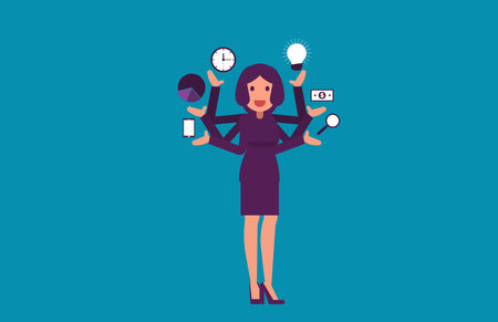 Multitasking. Businesswoman with multiple arms. Vector illustration business concept.のイラスト素材