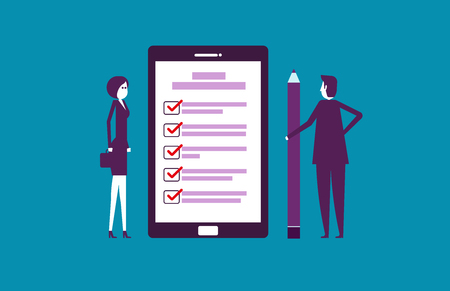 Business people holding pen looking at completed checklist on smartphone vector illustration technology business concept.のイラスト素材