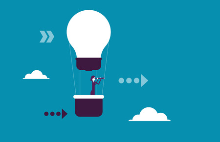 Successful Businesswoman with telescope in hot air balloon searching. Vector illustration opportunity business concept.のイラスト素材
