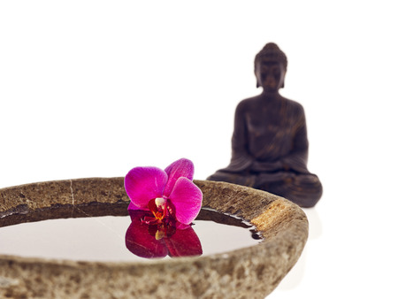 Buddha with bowl water and pink blossomの写真素材