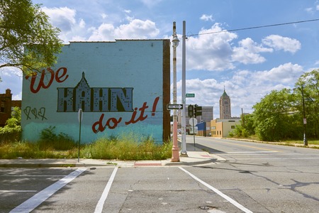 Graffiti in Detroit Albert Kahn on wall of brick to Fisher Buildingのeditorial素材