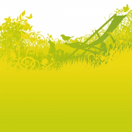 Beach chair with rabbit and bird in the gardenのイラスト素材