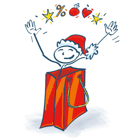 Stick figure Nicholas looks out of a Christmas bagのイラスト素材