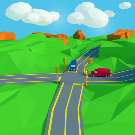 Two trucks that are approaching a traffic lightの写真素材