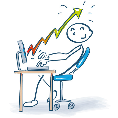 Stick figure at desk with computer and increasing salesのイラスト素材