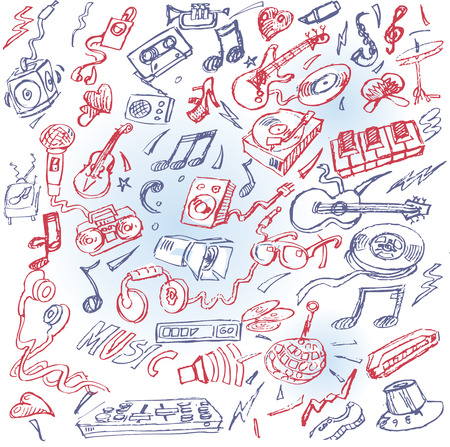 Ballpoint pen drawing with music and instrumentsのイラスト素材