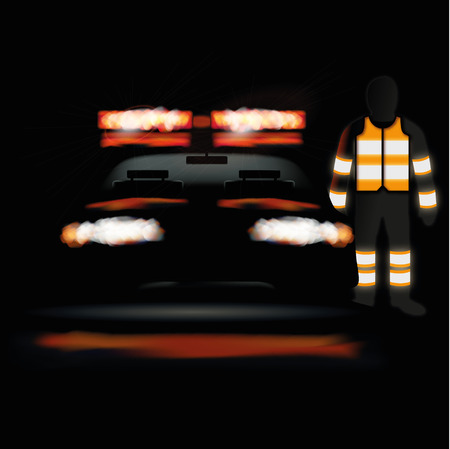 Ambulance at night and staff in a light vestのイラスト素材