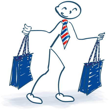 Stick figure with two shopping bags while shoppingのイラスト素材