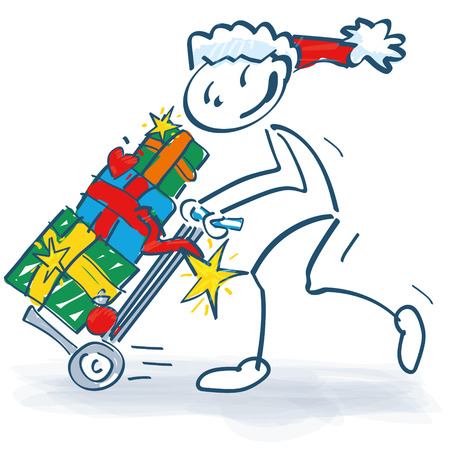Stick figure santa claus with sack truck and presentsのイラスト素材