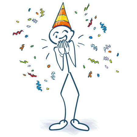 Stick figure with birthday hat and confettiのイラスト素材