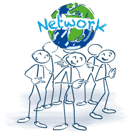 Stick figures and network around the world.のイラスト素材