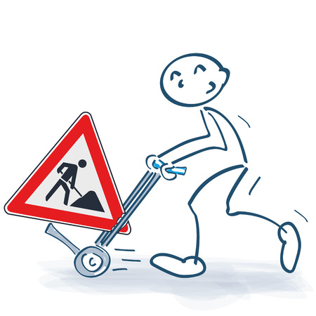 Stick figure with sack truck and move with construction sign.のイラスト素材