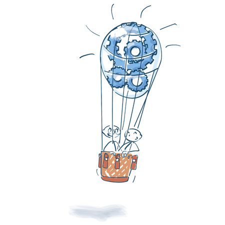 Stick figures in hot air balloon full of cogwheelsのイラスト素材