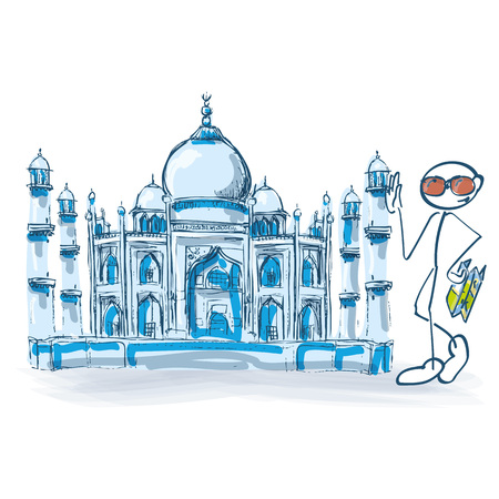 Stick figure as a tourist with Taj Mahal in Indiaのイラスト素材