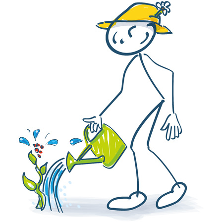 Stick figure with a semicolon jug and watering plantsのイラスト素材