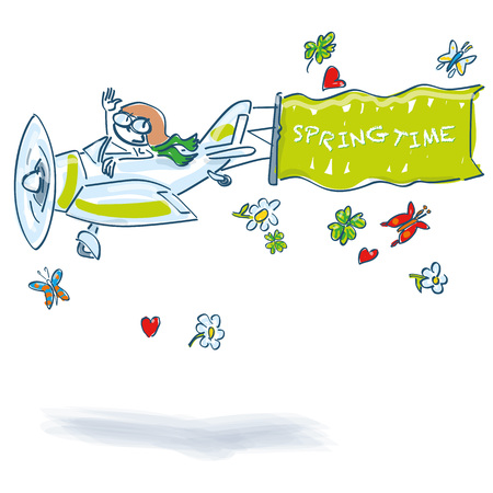 Stick figure with a small plane in the springのイラスト素材