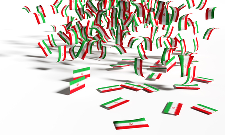 Many notes and flags from Iran are falling to the groundの写真素材