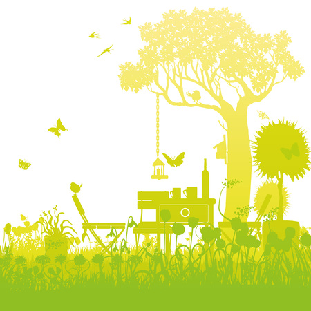 Garden chairs and table for a break under the tree in the gardenのイラスト素材