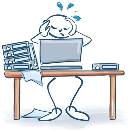 Stick figures with stress on the work table due to overload and depressionのイラスト素材