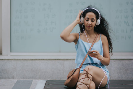 Young hipster woman listening to music sitting on urban bench
