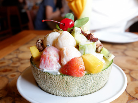 Fresh Fruit Salad in melon bowlの写真素材