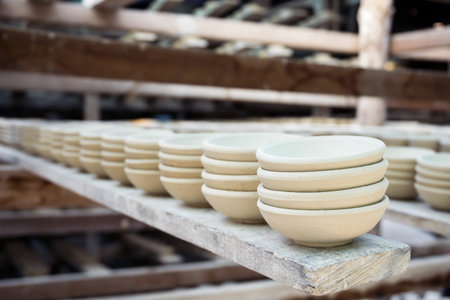 Close up clay pottery ceramic Products dry on shelf