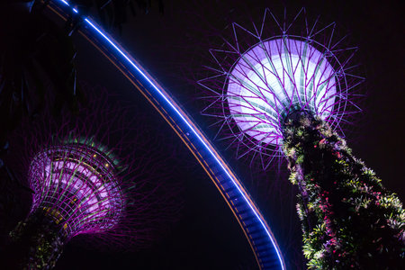 Singapore - Oct 14, 2018: Light show of Supertrees in Gardens by the Bay at night in Singapore