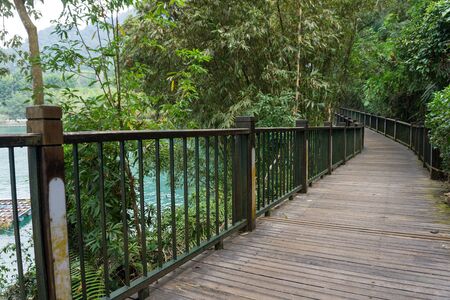 wooden walkway to Sun Moon Lake Ropeway Station, Taiwanの写真素材