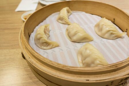 Closed up shrimp Dim Sum in basket at Taiwanの写真素材