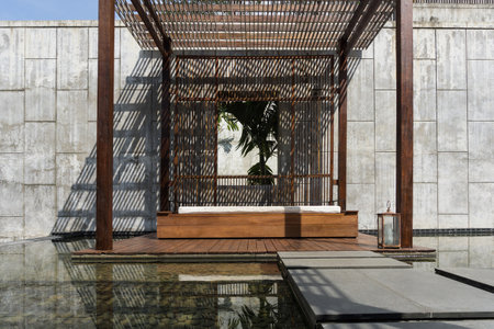 slats roof, architecture construction with sunlight streaming through making beautiful shadow lines.の写真素材