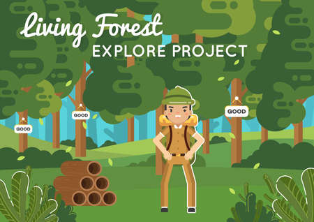 Living forest explore project, A man Trekking in to the woods, The traveler seeing the good treesのイラスト素材