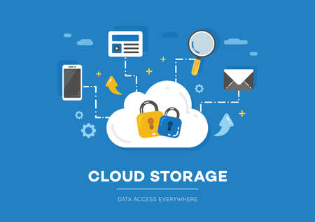 Cloud Storage technology for data access everywhere in blue colour tone flat styleのイラスト素材