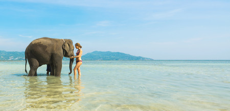 Woman and elephant in the sea. Thailand vacation. Banner.の写真素材