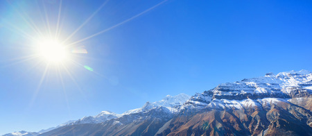 Landscape in Himalayas mountains, Annapurna Circuit, Nepal. Bannerの写真素材