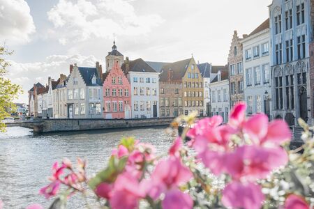 Cityscape of Bruges. Beautiful canal and traditional houses in the old town.の写真素材